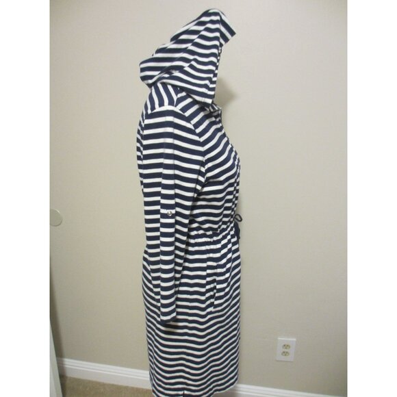 Lands End Navy & White Striped Hooded Drawstring Waist Robe With 3/4 Sleeves - Picture 3 of 10